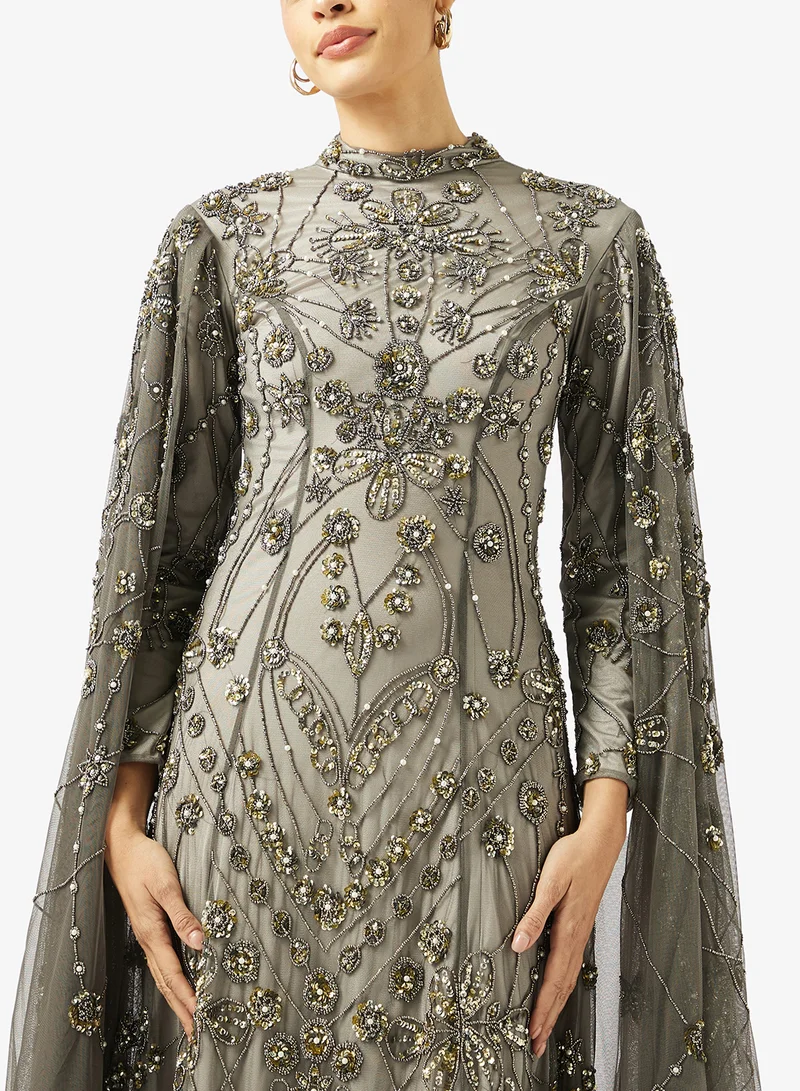 Maryisa  Embellished Cape Sleeve Maxi Dress for Women | Best Price UAE